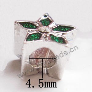 Bead, big-hole beads,pewter and enameled , green, 12x12mm  star with double-side flower and rhinestone,and  4.5mm hole. Sold per pkg of 10ps