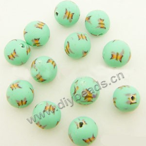Bead, polymer clay, green/yellow, 8mm round with butterfly. Sold per pkg of 36.