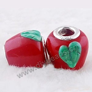 Bead, big-hole beads,lampworked glass and brass grommet,red/green, 14x14mm rondelle with fruit, 4.5mm hole. Sold per pkg of 10