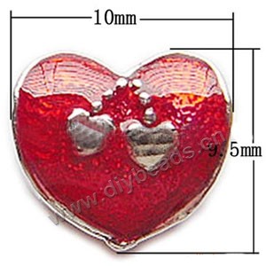 Bead, big-hole beads,silver-plated pewter and enameled , red, 9.5x10mm double-side heart, 4mm hole. Sold per pkg of 10ps