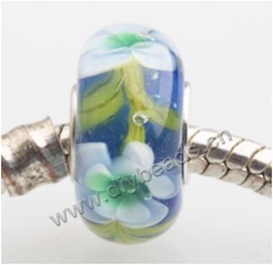 Bead, big-hole beads,Lampworked glass and 925 sterling silver grommet,black with flower, 14x7mm rondelle with 4.5 mm hole,sold per pkg of 50ps