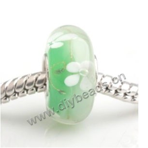 Bead, big-hole beads,Lampworked glass and 925 sterling silver grommet,green with flower, 14x7mm rondelle with 4.5 mm hole,sold per pkg of 50ps
