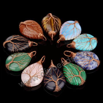 Factory Direct Copper Wire Winding Life Tree Water Drop Natural Gemstone  Pendant Energy Stone Necklace