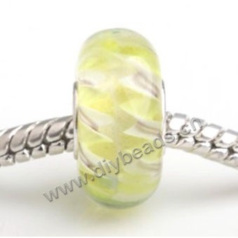 Bead, big-hole beads,Lampworked glass and silver-plated brass grommet,yellow,14x7mm rondelle with 4.5 mm hole,sold per pkg of 50ps