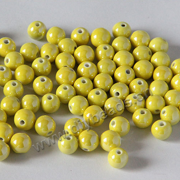 Bead , fancy glaze porcelain,yellow, 8mm round. Sold per pkg of 50 beads. 
