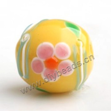Bead,Japan lampworked glass,yellow with bright flower, 16x16mm round.mini order 100pc 