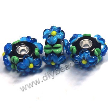 Bead,big-hole beads ,lampworked glass with silver-finished brass,16x10m rondelle,blue,mini order 50pcs