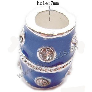 Bead, big-hole beads,silver-plated pewter and enameled , blue, 14x11mm fancy cylinder with swirls, 7mm hole. Sold per pkg of 10ps