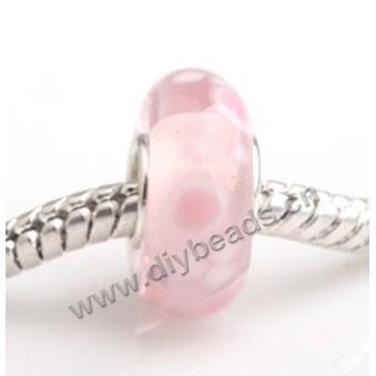 Bead, big-hole beads,Lampworked glass and silver-plated brass grommet,pink with circle,14x7mm rondelle with 4.5 mm hole,sold per pkg of 50ps
