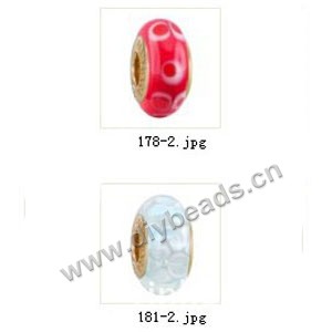Bead,big-hole beads ,lampworked glass with brass grommets,mixed colors and designs,6x12mm-8x14mm rondelle ,4mm spiral hole,sold per pkg of 10ps
