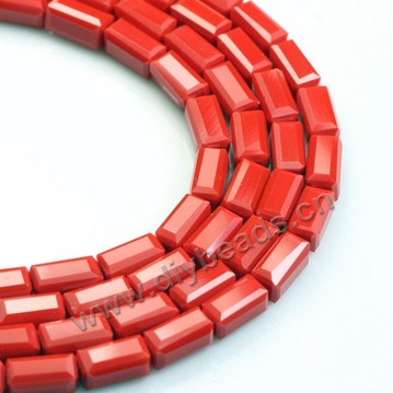 beads, glass, porcelain color, red, 3*6mm facted rectangle, sold per package of 5 strands-(80pcs/strand).