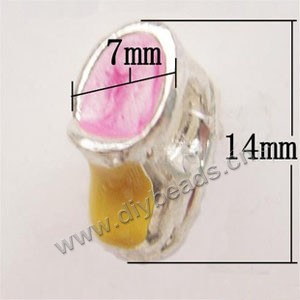 Bead, big-hole beads,silver-plated pewter and enameled , pink/yellow, 7x14mm baby shoes, 4mm hole. Sold per pkg of 10ps