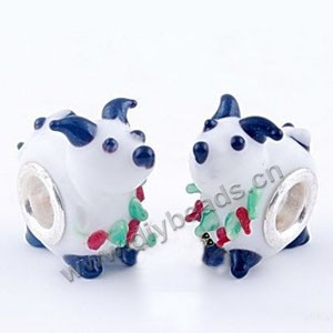 Bead, big-hole beads,lampworked glass and brass grommet,white/blue, 10x14mm rondelle with goat, 4.5mm hole. Sold per pkg of 10
