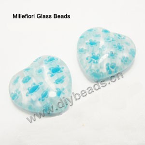 bead,millefiori glass,light blue/turquoise blue ,14x14x4mm flat heart,approximately 26ps/strand 