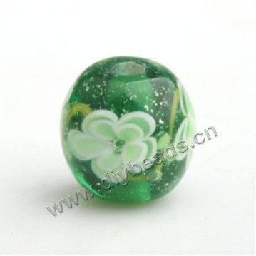 Bead,Japan lampworked glass,green with flower, 14x14mm round.mini order 100pc 