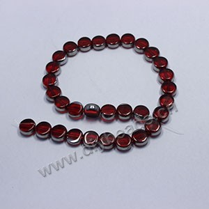 Bead ,silver-plated glass, red, 10mm flat round. Sold per pkg of ten 32cm strand.