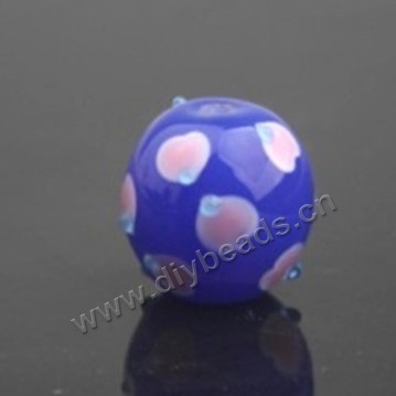 Bead, lampworked glass,blue with flower, 16x16mm round.mini order 50pc 