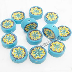 Bead, polymer clay, blue/yellow, 10x4mm double-sided flat round with tree. Sold per pkg of 24.