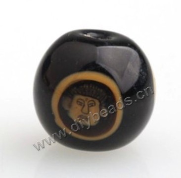 Bead,lampworked glass,black with three sides buddha, 14mm round. Sold per pkg of 5.