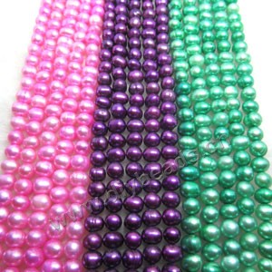 Pearl, cultured freshwater (dyed),plum/pink/green, 5-6mm potato. Sold per pkg of(6)14.8-inch(37cm) strand
