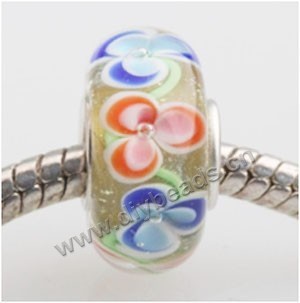 Bead, big-hole beads,Lampworked glass and 925 sterling silver grommet,yellow with flower, 14x7mm rondelle with 4.5 mm hole,sold per pkg of 50ps