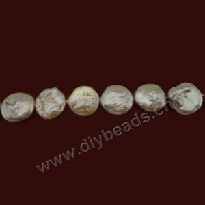Pearl baroque, cultured freshwater ,peach, 12-13mm flat round, Mohs hardness 2-1/2 to 4. Sold per pkg of (10) 16-inch strands