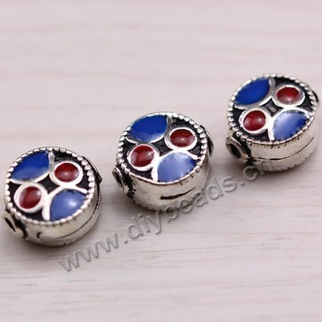 Enamel Bead, 925 Thai silver, flat round, 10*5mm, 2mm hole, multicolored, Sold per pkg of 1 bag-(3 pieces).