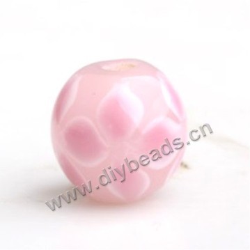 Bead,Japan lampworked glass,pink with flower, 14x14mm round.mini order 100pc 