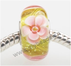 Bead, big-hole beads, Lampworked glass and 925 sterling silver grommet, yellow with flower, 14x7mm rondelle with 4.5 mm hole,sold per pkg of 50ps