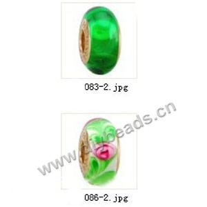 Bead,big-hole beads ,lampworked glass with brass grommets,mixed colors and designs,6x12mm-8x14mm rondelle ,4mm spiral hole,sold per pkg of 10ps