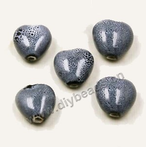 Bead, fancy glaze porcelain, grey, 15x15mm heart. Sold per pkg of 30 beads 