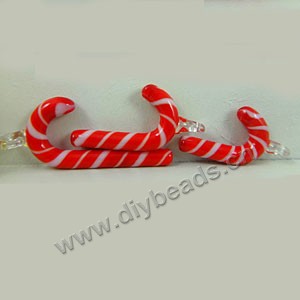 Charm, lampworked glass , blue/red,red/yellow and red/white ,4 colors to option, 42x18mm candy cane. Sold per pkg of 150.