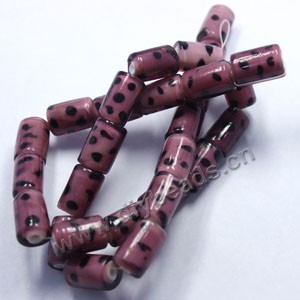 Bead, lampworked glass,purple/black,16x11mm,round tube with spots. Sold per pkg of 500.