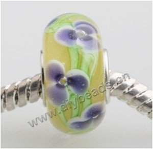 Bead, big-hole beads,	Lampworked glass and silver-plated brass grommet,yellow with flower, 14x7mm rondelle with 4.5 mm hole,sold per pkg of 50ps