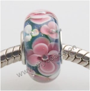 Bead, big-hole beads,Lampworked glass and 925 sterling silver grommet,black with flower, 14x7mm rondelle with 4.5 mm hole,sold per pkg of 50ps