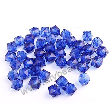 Bead, acrylic, sapphire blue, transparent, 10mm faceted cube. Sold per 100-gram pkg.