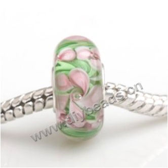 Bead, big-hole beads,Lampworked glass and silver-plated brass grommet,green with flower,14x7mm rondelle with 4.5 mm hole,sold per pkg of 50ps