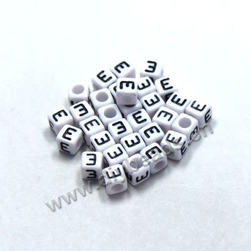 Bead, acrylic,White,alphabet is E, 6x6mm cube with 3.5mm drill hole. Sold per pkg of 100ps