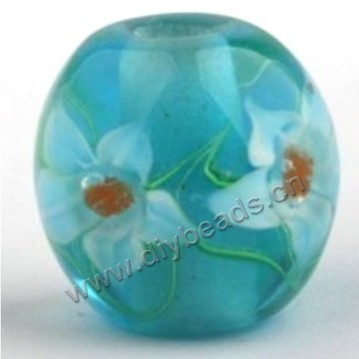 Bead, lampworked glass,blue with flower, 20x20mm round.mini order 50pc 