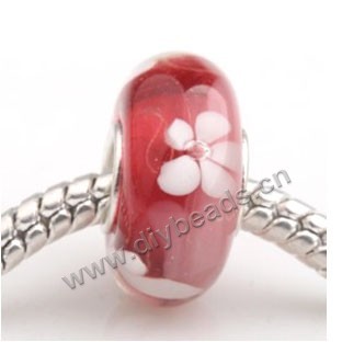 Bead, big-hole beads,Lampworked glass and 925 sterling silver grommet,red with flower, 14x7mm rondelle with 4.5 mm hole,sold per pkg of 50ps