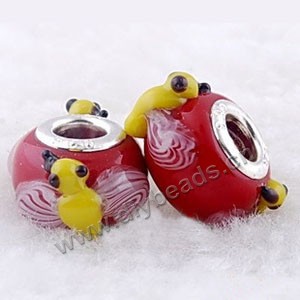 Bead, big-hole beads,lampworked glass and brass grommet, red/yellow, 10x14mm rondelle with bee, 4.5mm hole. Sold per pkg of 10