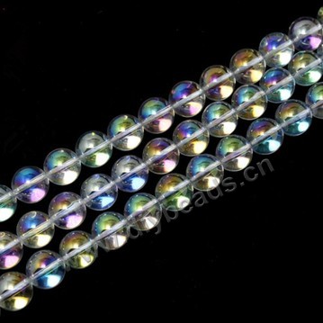Bead,clear quartz crystal (natural),coated AB , 6mm round . Sold per 16-inch strand