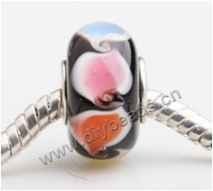 Bead, big-hole beads,	Lampworked glass and silver-plated brass grommet,black with flower, 14x7mm rondelle with 4.5 mm hole,sold per pkg of 50ps