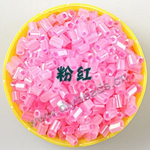 Bugle bead, glass,silky luster,pink,#1 (3x2mm)beads. Sold per pkg of 80 grams,approximately 4,500ps.