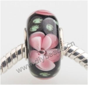 Bead, big-hole beads,	Lampworked glass and silver-plated brass grommet,black with flower, 14x7mm rondelle with 4.5 mm hole,sold per pkg of 50ps