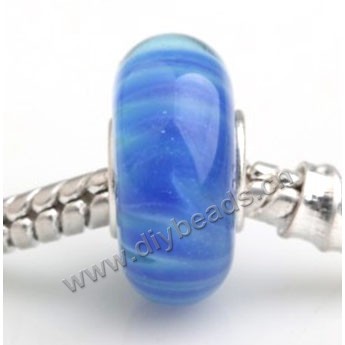 Bead, big-hole beads,Lampworked glass and silver-plated brass grommet,blue,14x7mm rondelle with 4.5 mm hole,sold per pkg of 50ps