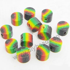 Bead, polymer clay, yellow/green/black/red, 6x4mm double-sided flat round with striped. Sold per pkg of 24.