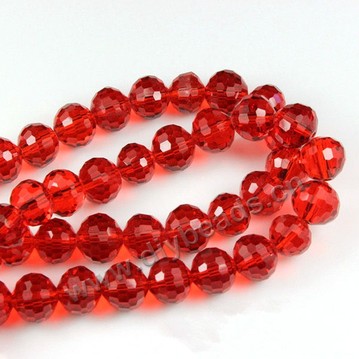Bead, glass, red, 6mm half-hand faceted round, 100 pieces beads per strand, Sold by per pkg 5-strands.