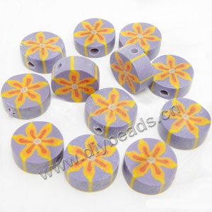 Bead, polymer clay, purple/yellow, 10x4mm double-sided flat round with flower. Sold per pkg of 24.