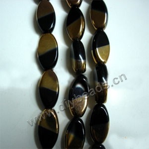 Bead ,copper-plated glass, black, 19x10mm flat oval. Sold per pkg of ten 31cm strand.